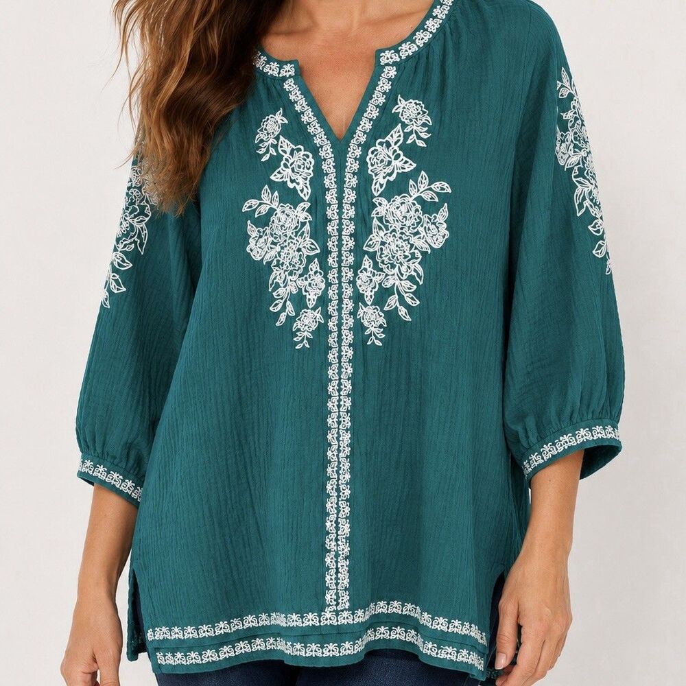 Soft Surroundings Womens XS P Tunic Shirt Teal Seersucker Embroidery Boho